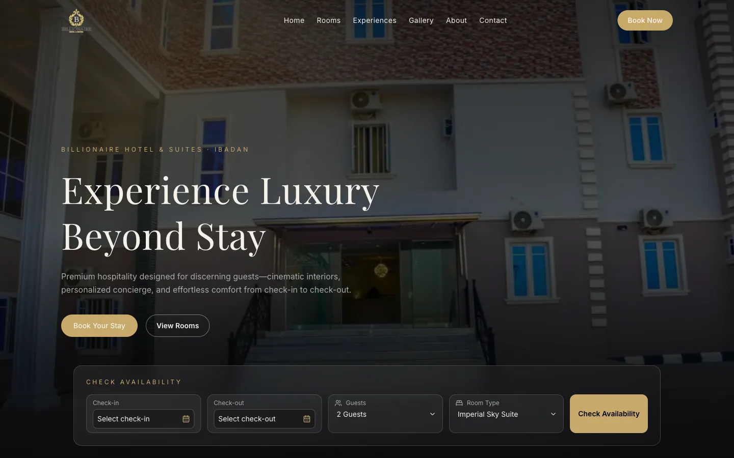 Billionaire Hotel & Suites website homepage