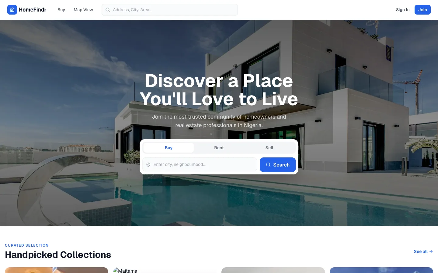 HomeFindr website homepage